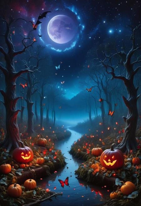 masterpiece, best quality, mysterious dark enchanting forest with ((halloween pumpkins:1.2)) and ((colorful butterflies:1.4)) leaving a trail of magical pixie dust behind, a crystal clear lake shredded in a fog and a an ethereal glow at night with a ((galaxy sky embrodeiry and red moon:1.3)), 8k, masterpiece, best quality, vivid colors, 32 bit colors, high texture resolution, soft lighting, epic, dark fantasy style, breathtaking, visually impressive, stunning composition, mesmerizing, hypperrealistic, digital art, trending at artstation