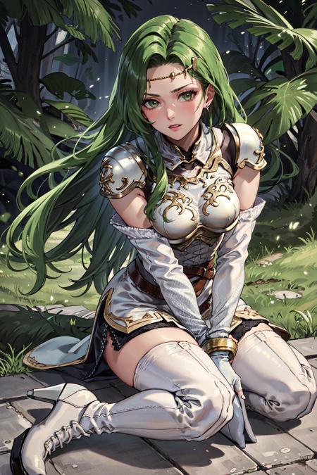 hands in pockets,intense angle,all fours,<lora:annandV1-000016:0.8>,annand, circlet,armor, white short dress, zettai ryouiki, thigh boots, breastplate, looking at viewer, belt, shoulder armor, white footwear, elbow gloves, jewelry, bracelet, sleeveless, detached sleeves, fur trim, long sleeves, white thighhighs,high heels, gold trim, thighs, sleeveless dress, outdoors,(masterpiece, best quality, ultra-detailed, best shadow)