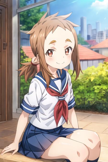 1girl, mina_hibino, forehead, short hair, brown hair, sidelocks, low ponytail, brown eyes, school uniform, white shirt, short sleeves, sailor collar, serafuku, blue skirt, short skirt, closed mouth, smile, looking at viewer, city <lora:mina_hibino:0.7> <lora:add_detail:0.7>