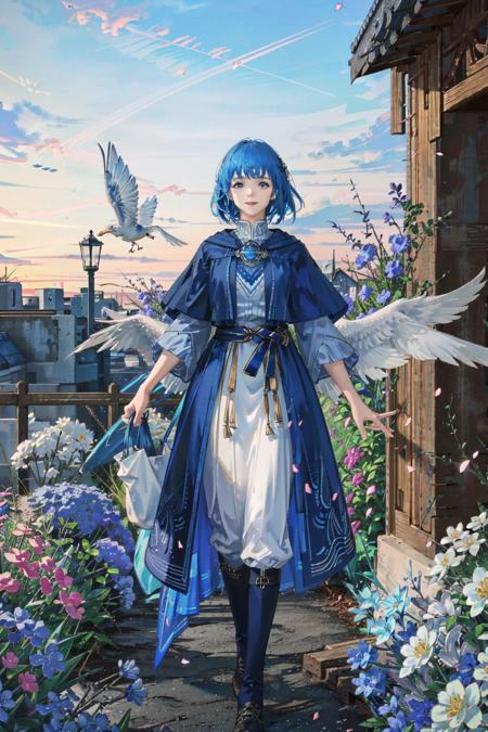 <lora:24CansofMonster:.7>,(masterpiece, best quality, ultra-detailed, highres), perfect face, sidelighting, lustrous skin,(bloom), (shine), lighting, ray tracing, sci-fi, city, outdoor, 1girl, solo, head wings, brooch, blue hair, blue eyes, jewelry, wings, feathered wings, short hair, blue capelet, blurry, capelet, blurry background, outdoors, portrait, realistic, bird wings, looking afar, blue theme, bangs, blue gemstone, day, gem, sky, depth_of_field,very detailed background, highly detailed background, Masterpiece, Ultra detailed, great composition,Dynamic angle,[Bottle bottom],(wide shot), extremely delicate and beautiful,(Highest picture quality), (Master's work), (Detailed eyes description),(Detailed face description), (fantasy), depth of field, solo,Beautiful girl,extreme light and shadow, masterpiece, rich in detail, (fine features), (highest quality), (masterpiece), (detailed eyes), (beautiful) detailed girl,beautiful detailed eyes,(straight-on), full body, flower field:1, flower petals falling, summer:1.2, happy, smile,(extremely detailed CG unity 8k wallpaper),(masterpiece), (best quality), (ultra-detailed), (best illustration),(best shadow), seductive , sunset , sunshine , sun , perfect lighting , perfect anatomy ,