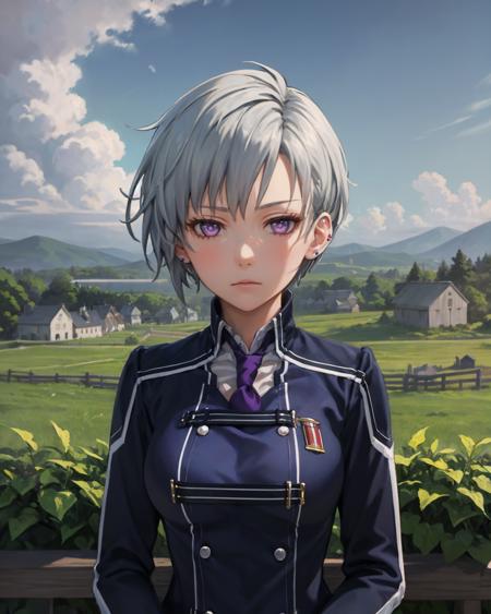 best quality, (masterpiece:1.2), illustration, absurdres,
(1girl, solo), (beautiful detailed girl),
<lora:Valerie-08:0.8>, Valerie, grey hair, purple eyes, purple ear studs,
 blue military uniform, long sleeves, purple neckwear, black thighhighs, garter straps, boots, 
medieval farming village, farm, clouds, sky,
lying,
(upper body, portrait),,
gloomy, looking at viewer