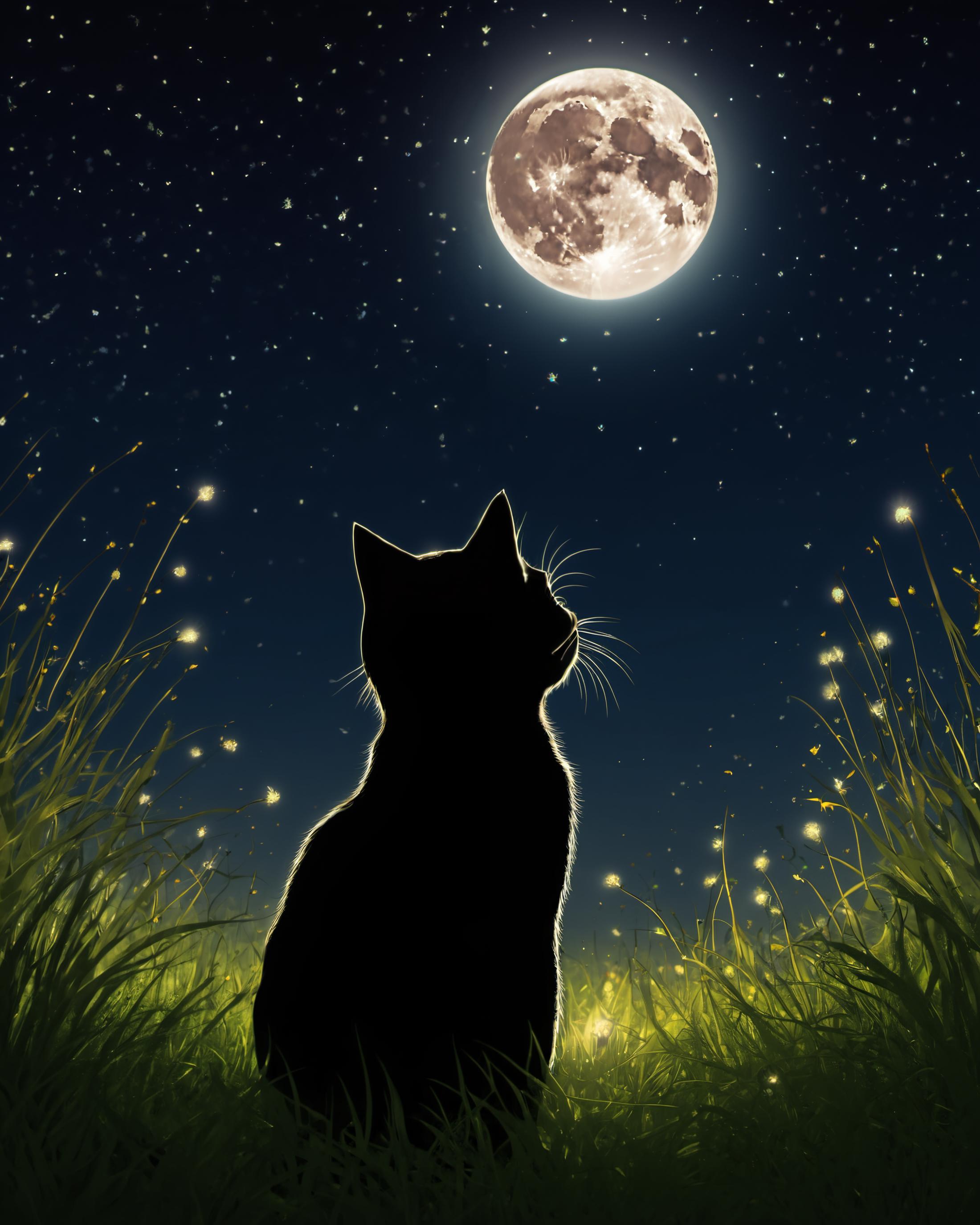 A black cat looking at the moon at night.