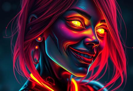 A gorgeous woman with a luminous digital aura lighting up the darkness, the ethereal figure of a digital painting evocative of a distorted human figure with vibrant neon eyes, (glowing eyes:1.1), heart shaped face, macabre appearance and a cunning smile. Vibrant hair. This stunning image is a digital painting, meticulously created with vibrant colors and striking details. Her sleek, futuristic design exudes a sense of otherworldly beauty, with glowing neon accents that seem to pulse with energy. Every pixel is carefully rendered, capturing the character's mysterious and alluring presence in exquisite detail. This mesmerizing image invites viewers to get lost in a dreamlike realm of imagination and technology. ((glowing neon lipstick)), masterpiece, highly detailed, harmonious colors, ((half body angle:1.5))