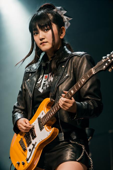 RAW photo of sumetal, Leather Jacket at Rock Concert, (high detailed skin:1.2), 8k uhd, dslr, soft lighting, high quality, film grain, Fujifilm XT3, <lora:sumetal:1>