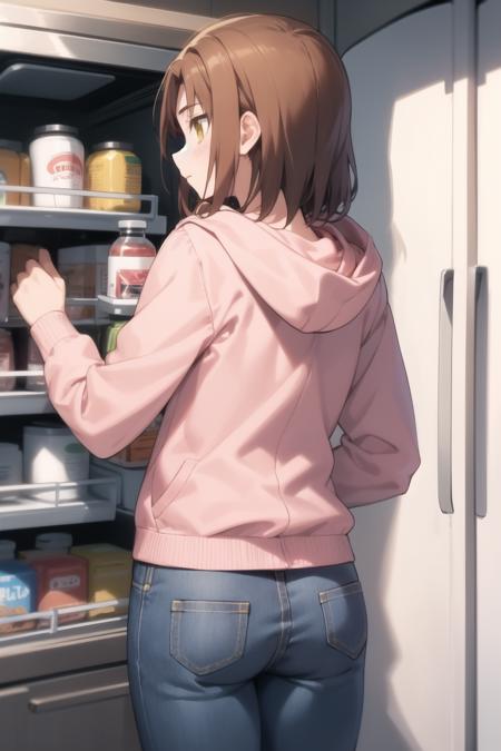 <lora:mitsuzuri-000016:1> mitsuzuri, hoodie, pink hoodie, jeans,
1girl, solo, from behind, refrigerator