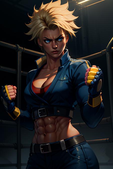 Shina,spiked blonde hair,muscular,abs ,blue eyes, standing, fist up, serious expression, close up ,
ShiGea,red crop top,fingerless gloves ,cropped long sleeved jacket,belt,boots, dark blue attire,cleavage,
 steel cage arena, lights, moonlight,
 (insanely detailed, beautiful detailed face, masterpiece, best quality) cinematic lighting,
<lora:Shina-10v3:0.7>