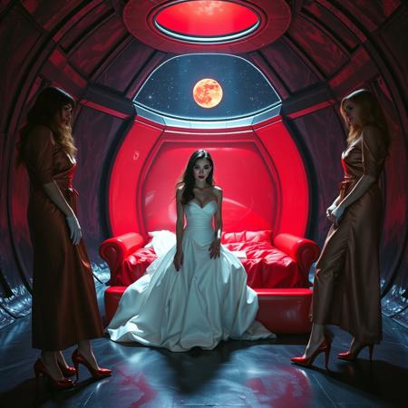 high-society elegant slender norvegian rich innocent young bride  undressed in front of whorish red glossy bed by strict dominant ladies wearing  glossy satin dominatrix attire and glossy high heels, encased in light beam from the alien breeding chamber celling,  weird wet-look black slime  walls and floor, colossus observation blister to outer space full of stars, bright red moon, vintage-inspired makeup, long hairs, ultra thin waist, evil grin, porcelain skin, lipstick, red nails, in the style of a haunting, retro-futuristic 1950s sci-fi nightmare, horror, alien space base,,