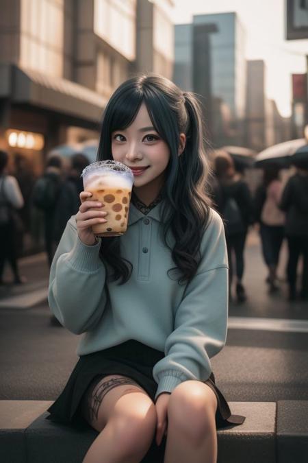 4K,8K. An attractive american gothic punk girl, chestnut very long wavy hair, wide dreamy light blue eyes, wide smile, face close up, (holding a bubble tea,) (dynamic sitting pose, on the street)