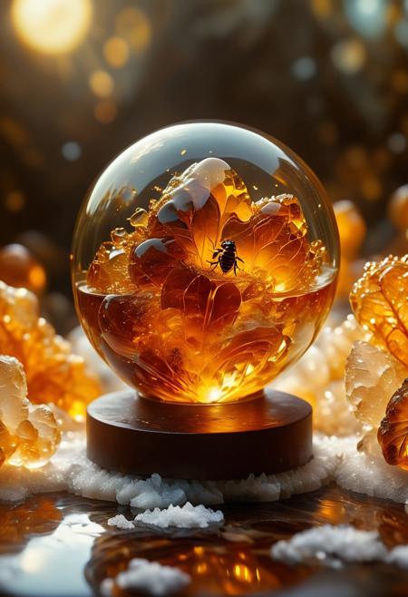 improved cinematic photo, 35mm photograph, film, professional, 4k, highly detailed,
An amber fragment enclosing a snow globe,
The amber fragment is a smooth, slightly irregular sphere, roughly the size of a marble, with a warm golden-brown hue. Its surface is polished, gleaming softly under light, revealing a mesmerizing play of golden, honey, and orange tones. Tiny air bubbles and organic inclusions are scattered throughout, lending it a sense of antiquity and natural complexity.
Inside, a perfectly preserved Human Heart lies suspended in time, its delicate body encased in the translucent amber.
Around the Human Heart, subtle striations and minute organic fragments, possibly plant material or dust, create a vignette that frames the insect. The amber’s clarity varies in places, with some sections slightly cloudy, further accentuating the Human Heart as the focal point. The fragment feels timeless, a tiny time capsule offering a glimpse into a prehistoric world millions of years ago
