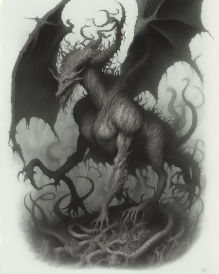 A mythical creature from folklore, detailed illustration, terrifying and magical, from the depths of Hell, by Simon Bisley.