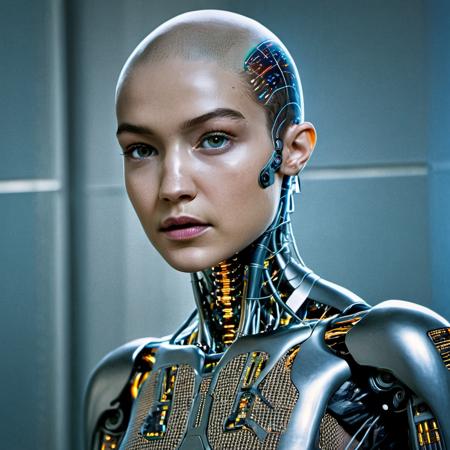 Frontal portrait photo of a robot female warrior without hair,  a glass head and glowing computer brain, ex machina style, android, cyberpunk style, nightcity,   Nikon P1000, f/1.8, 35mm,  <lora:gihadid_xl_1_standard-000094:1.0>