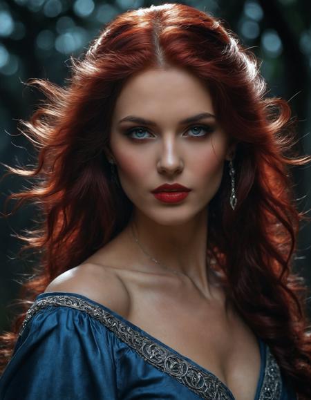 Renaissance style a woman with blue eyes and red lipstick is posing for a photo in the dark with her hair blowing in the wind [23],a digital painting,<lora:Anne Stokes CLIP2-000005:1>,Anne Stokes,epic fantasy character art, . Realistic, perspective, light and shadow, religious or mythological themes, highly detailed