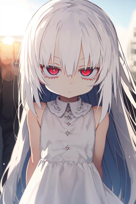 sun glare, bokeh, depth of field,light particles, strong wind,
upper body,solo,1girl,
long hair,white hair,
red eyes,
expressionless,
Sleeveless,white minidress,