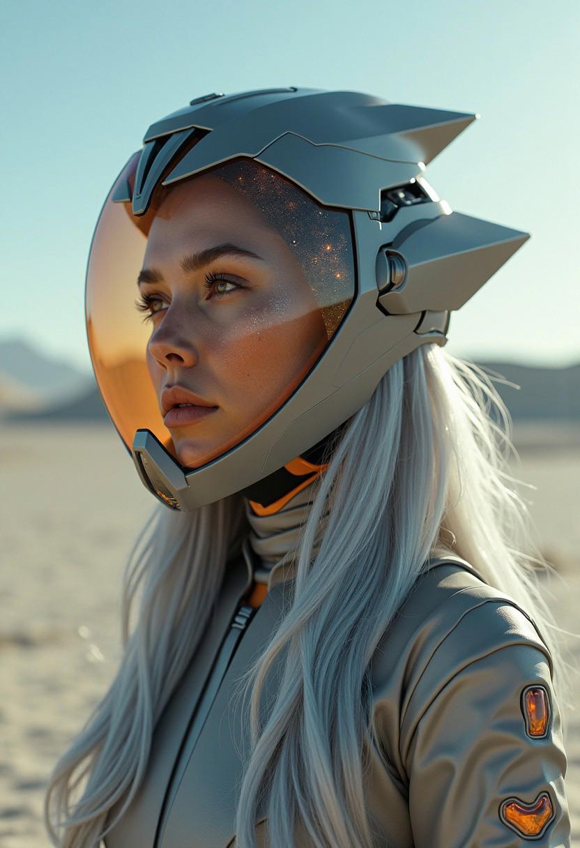 Amidst a desolate expanse of shimmering obsidian sands, bathed in the ethereal glow of distant nebulae, a hauntingly beautiful woman with long, flowing silver hair stands as a vision of regal elegance and ethereal resilience. Her face is partially obscured by a sleek, semi-transparent cybernetic helmet shaped like a faceted gemstone with a delicate, pointed crest, rendered in shades of pearlescent grey with subtle hints of fiery orange. 
Reflected in the helmet's surface is a breathtaking vista of a swirling stardust nebula, a miniature universe teeming with stars and celestial wonders, merging with the desolate landscape reflected in its surface. It's as if the helmet itself is a portal to another dimension, where the stark beauty of the obsidian desert merges with the boundless expanse of the cosmos.
A long, flowing grey garment, its diaphanous fabric shimmering with an iridescent sheen and accented by fiery orange highlights, cascades around her, its hem brushing against the cool obsidian sands. 
Her face and body are partially obscured by a swirling cloud of iridescent butterfly scales, remnants of a vibrant past now merging with holographic projections that shimmer and dance around her like spectral companions. The scales and projections catch the faint light, transforming her into a phantom of light and shadow, a fusion of ancient grace and futuristic innovation.