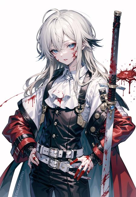 <lora:USNR STYLE:0.9>
masterpiece,best quality,,
(usnr:1.5) ,
blood, weapon, sword, long hair, solo, blood on face, holding, blood on clothes, holding weapon, blood on weapon, ascot, blue eyes, hand on hip, 1boy, holding sword, white hair, belt, looking at viewer, male focus, simple background, grey background, over shoulder, parted lips, weapon over shoulder, long sleeves, jacket, white neckwear, sword over shoulder, scar, messy hair, wavy hair, blood on hands, sheath, coat, blonde hair, androgynous, lips