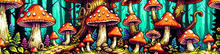 a magical mushroom forest, fairies, gnomes, mushroom houses, (flat shading:1.2),  (minimalist:1.3), <lora:pxx4_v1_alpha:1> pixel art