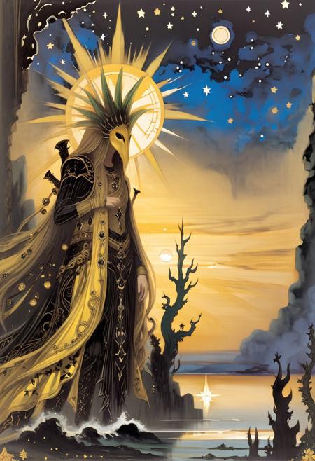 Hastur, cosmic horror, dark art, King in Yellow, by gustave moreau, Along the shore the cloud waves break The twin suns sink behind the lake The shadows lengthen In Carcosa Strange is the night where black stars rise And strange moons circle through the skies But stranger still is Lost Carcosa Songs that the Hyades shall sing Where flap the tatters of the King Must die unheard in Dim Carcosa Song of my soul my voice is dead Die thou unsung as tears unshed Shall dry and die in Lost Carcosa