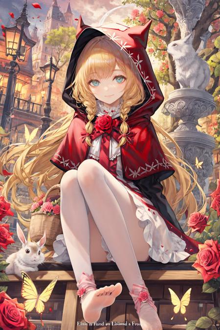 little red riding hood \(grimm\), flower, blonde hair,floating hair,light eyes, butterfly, rose, rabbit, bug, pink rose, bird, long hair, sitting, french text, hood, english text, basket, wolf, multiple girls, tree, 1girl, smile, dress, food, pink flower, white stockings bare feet
/////////// <lora:TorinoEX-000062:1>, <lora:ç»ä¸½çåå½±:0.2>,<lora:add_detail:0.35>, <lora:adaptedmodel:0.35>