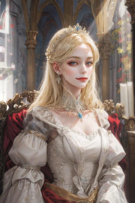 (absurdres, highres, ultra detailed), 1woman, solo, mature, aged up, (long blonde hair), royal, noblewoman, Baroque, white dress, long sleeve, elegant, colorful, highest detailed, upper body, cathedral, light smile, frontal, (closed mouth)