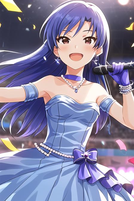 CHIHAYA KISARAGI,
1girl, arm guards, armpits, bare shoulders, blue choker, blue gloves, blue hair, blurry, blurry background, blush, brown eyes, choker, collarbone, confetti, earrings, flat chest, gem, gloves, glowstick, holding, holding microphone, jewelry, long hair, looking at viewer, microphone, necklace, open mouth, pearl (gemstone), reaching towards viewer, smile, solo, stage
<lora:mirishita-v2.1:1>