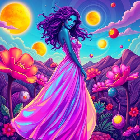 Stylised image of a beautiful woman with vibrant purple hair and glowing turquoise skin, standing in a surreal landscape. She’s wearing a flowing gown made of shimmering, iridescent fabric that reflects the colors of the bizarre environment around her. 
The background features a sky filled with two suns and swirling clouds in neon hues, while giant, oversized flowers with spiraling petals bloom in a whimsical garden. Strange creatures with whimsical shapes playfully interact nearby. 
The woman has an ethereal expression, her eyes sparkling with otherworldly light, as she gracefully floats above the ground, surrounded by floating geometric shapes and luminous orbs. The scene conveys a dreamlike, fantastical quality, blending beauty with a sense of the extraordinary.