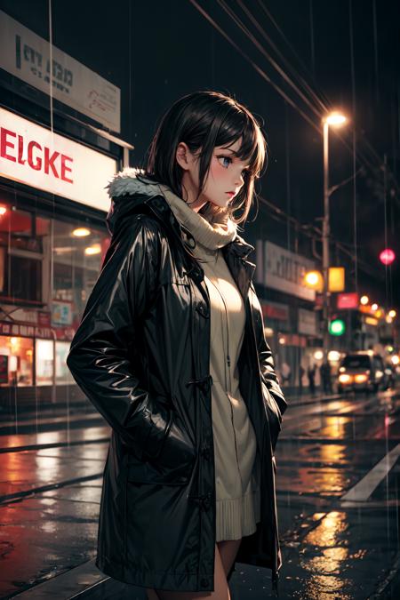 1girl,night city,rain,coat,hands in pockets