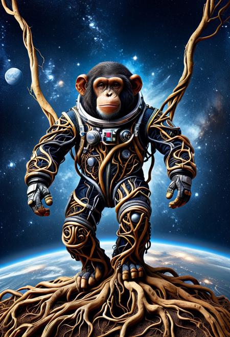 PG-TR, masterpiece, detailed, highly detailed,
masterpiece, best quality, absurdres,
An anthropomorphic chimpanzee wearing a spacesuit made of roots, floating in space, cosmic background, the scene is a surreal and slightly absurd depiction of the triumph of nature over the hubris of mankind.