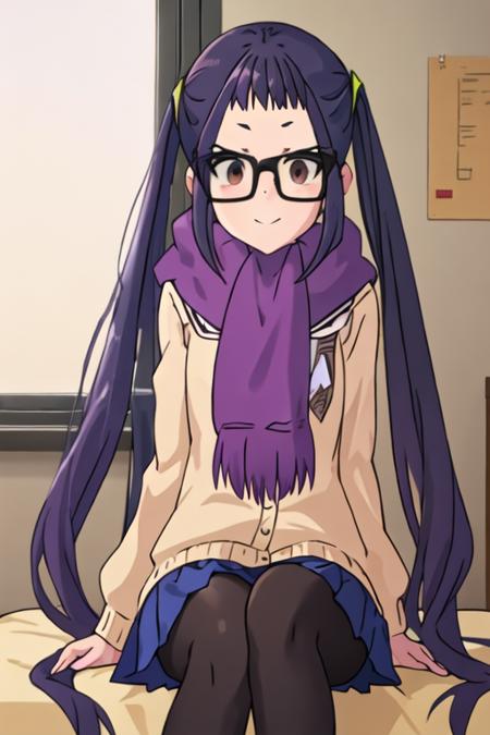 best quality, masterpiece, highres, solo, {ogaki_chiaki_yurucamp:1.15}, glasses, purple_hair, long_hair, brown_eyes, black-framed_eyewear, blue_hair, 1girl, motosu_school_uniform, scarf, school_uniform, twintails, pantyhose, sitting, black_pantyhose, skirt