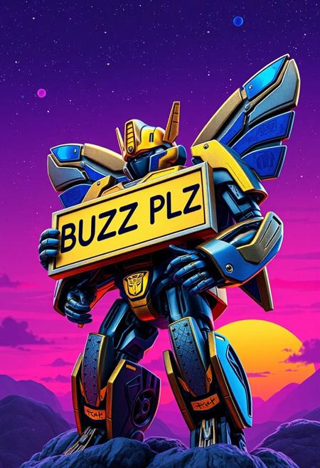 gold and blue Bumblebee transformer holding a sign that sys "BUZZ PLZ", photograph with a purple sky, cosmic stars, an orange and blue synthwave sun background. Slightly turned. Damascus steel. Ultra-detailed. Hyper-realistic.