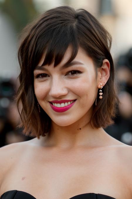 Realistic photo of a beautiful ursul4c-v1 woman, 1girl, solo, breasts, looking at viewer, smile, short hair, brown hair, dress, bare shoulders, brown eyes, jewelry, upper body, earrings, teeth, sleeveless, mole, grin, blurry, black dress, lips, depth of field, blurry background, freckles, mole on breast, realistic, nose, mole on cheek, soft lighting, professional Photography, Photorealistic, detailed, RAW, analog, sharp focus, 8k, HD, DSLR, high quality, Fujifilm XT3, film grain, award winning, masterpiece<lora:ursul4c-v1:1.0>