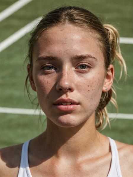 photo of a 20 year old named Chloe, tennis clothes, freckles, beauty spots, no makeup, natural, tennis field, hard shadows, soft lighting, sharp focus, skin details