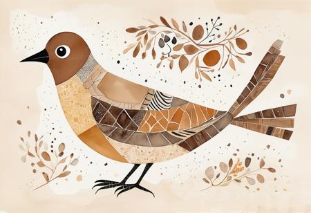 A simple children's book illustration of a bird in the style of Mary Blair, collage of textures and patterns in brown tones on a cream paper background, a simple hand drawn doodle, minimalism, a watercolor drawing