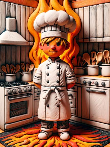 An ais-crayz chef, surrounded by a kitchen full of flames <lora:Kids_Crayon_Style_SDXL:1>