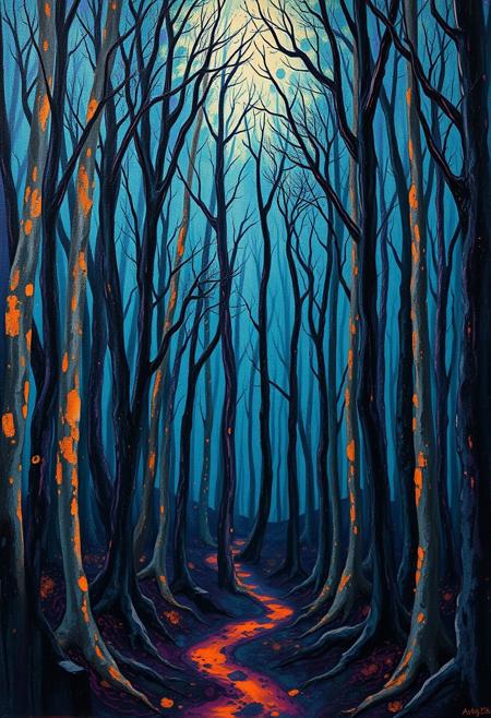 Historical medieval painting of a forrest. Highly ornamental abstract psychedelic style. Eerie, serious, mystical, occult, malicious atmosphere. Highly intricate, sharp details, dirty oil texture. Vibrant shades of blue, purple, and orange.
