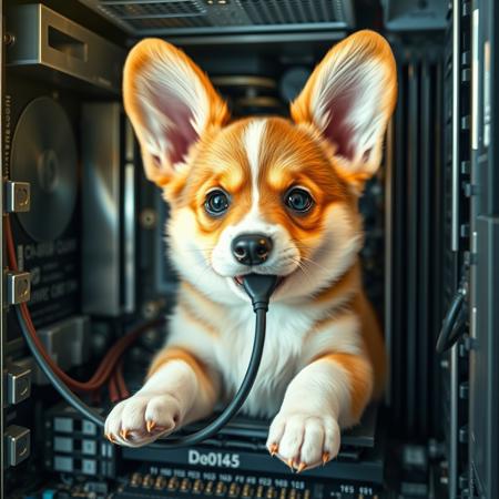 semirealistic, a cute corgi puppy with an unplugged computer cord in its mouth, inside a computer motherboard. THE message "be back soon" written in computer chips, detailed mirroring horizon, wining award digital art, hight detailed,Insane resolution. Insane details. Masterpiece. 32k resolution. casting shadow style, cucoloris patterned illumination, cinematic composition and lighting. Masterpiece. Very detailed.