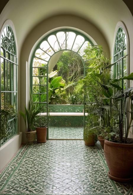 hand, Cinematic ww2 style, JuggernautNegative,
This image depicts a charming indoor space with arched ceilings and a large arched window overlooking a lush outdoor garden or courtyard area. The room is filled with potted plants and ceramic vases, giving it an earthy, natural vibe. The focal point is the green arched window with intricate metal grating, letting in plenty of natural light. The tiled floor has an intricate geometric pattern in shades of green. A person in a flowing white dress is standing near the window, admiring the view outside. The overall scene exudes a serene and tranquil atmosphere with its blend of indoor and outdoor elements.