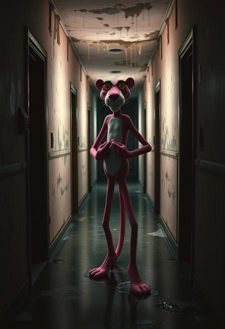 score_9, score_8_up, score_7_up, score_6_up, depth of field, highly detailed, BREAK Pink Panther, skinny, bubble butt, eyebrows raized
BREAK in a long hallway stands the Pink Panther, Pink Panther twerking in a doorway, menacingly, Pink Panther is twerking towards the viewer, the building is dilapidated with water damage, water is dripping from the ceiling and running down the walls, it is dark, low lighting, mold is growing on the walls, this building has been abandoned and condemned,
 night,  doorway,,low key,dramatic lighting, film grain,