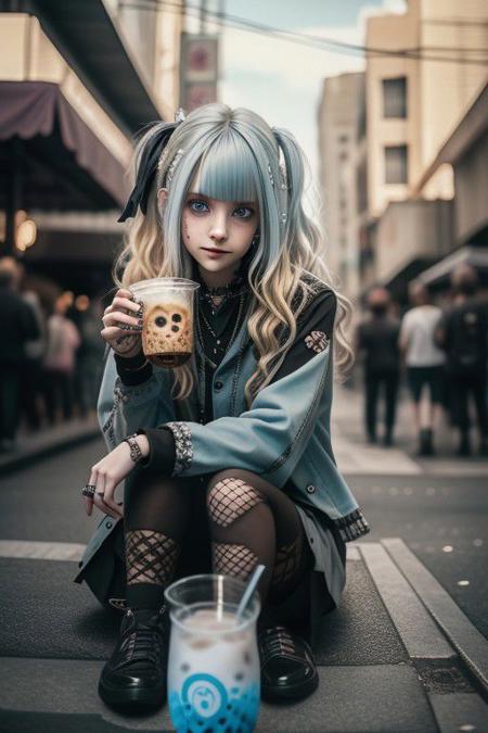 4K,8K. An attractive american gothic punk girl, with black punk fitting clothes, (blonde very long wavy hair:1.05) (wide dreamy light blue eyes,) wide smile, face close up, (holding a bubble tea,) (dynamic sitting pose, on the street)