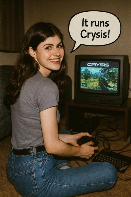 80's photo of a brunette woman playing Crysis in a ZX Spectrum, saying It runs Crysis!