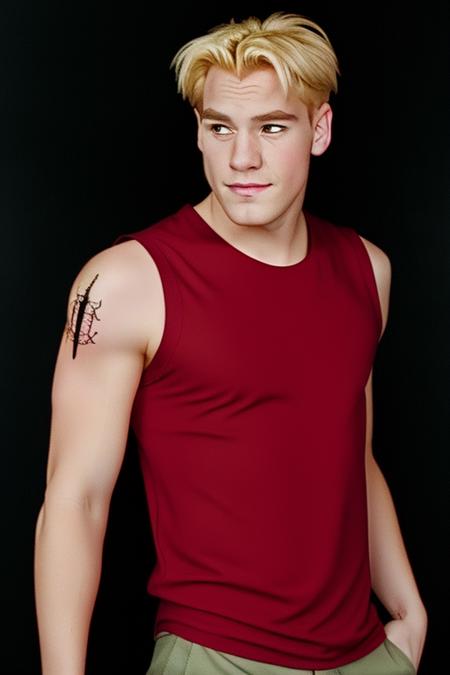 <lora:Cale-V2_HH-000020:0.7> c6l3,(disney style drawing),1boy, man looking at viewer<lora:DisneyRenV2:-0.00> 
disneyrenaissance style, blonde hair, dark red tank top, (realistic), fasion photograph, 90's
black background, (arm tattoo:0.85)