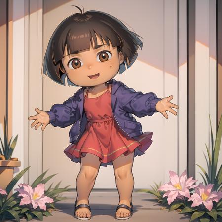 ((masterpiece, best quality)), full body, solo, Dora,  <lora:DoraTheExplorer2:0.8>, brown eyes, black open jacket, red dress, flower, dark-skinned female, (tan), bob cut,