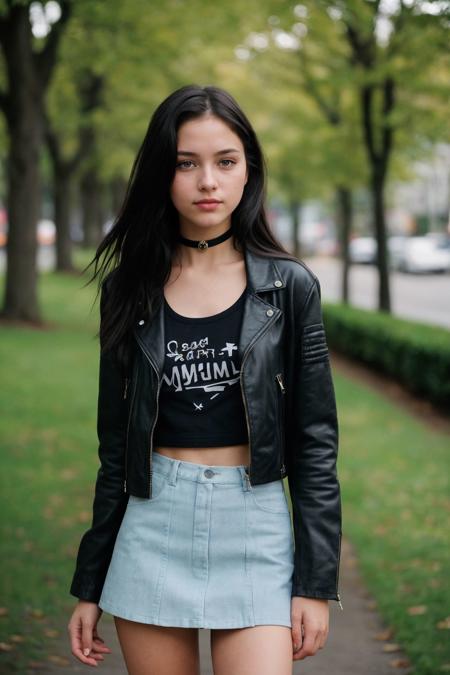 analog photo of a 22-year-old American girl, dark blue hair, 1995, 90s grunge fashion, miniskirt, Nirvana shirt, petite, (medium breasts), black pantyhose, choker, cropped leather jacket, epiCRealism, vintage, faded film, film grain, polaroid, bokeh, night photography, (outdoors:1.2), fashion pose, standing in Ottawa, Canada, (city:1.2), shot by Lilia Alvarado