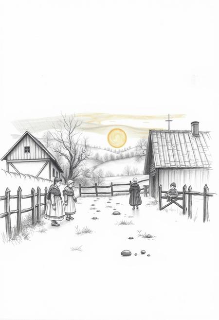 A hand-drawn pencil sketch of a sunset, employing a strong moody style. The scene depicts a 19th-century Swiss countryside with children and their families in traditional clothing, engaged in intimate domestic moments. The style is realistic but low contrast, with rough lines and textured pencil strokes, conveying a warm nostalgic atmosphere on a white background.