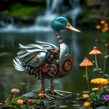 hyperrealistic photograph of a Clockwork robot duck, Polished aluminium skeleton, brass cogs and gears, wind up springs, feathers made of fine copper wire, teal head, gems for eyes, standing by a tranquil pond, vertically reflective water, brightly coloured mushrooms and flowers, water fall in background,
