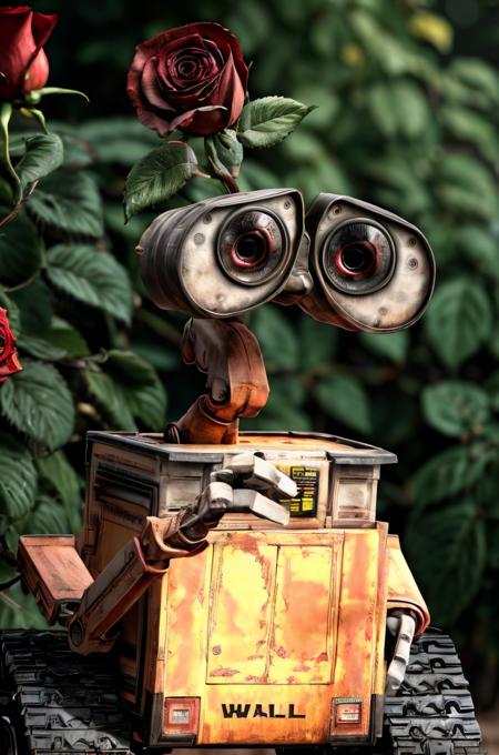 raw photo of 1 WallE, WALL-E, (take a rose:1.2), extreme detail,  close up, <lora:CP1_Sora:0.65>,
(masterpiece, best quality, 8k, wallpaper, extreme detail),