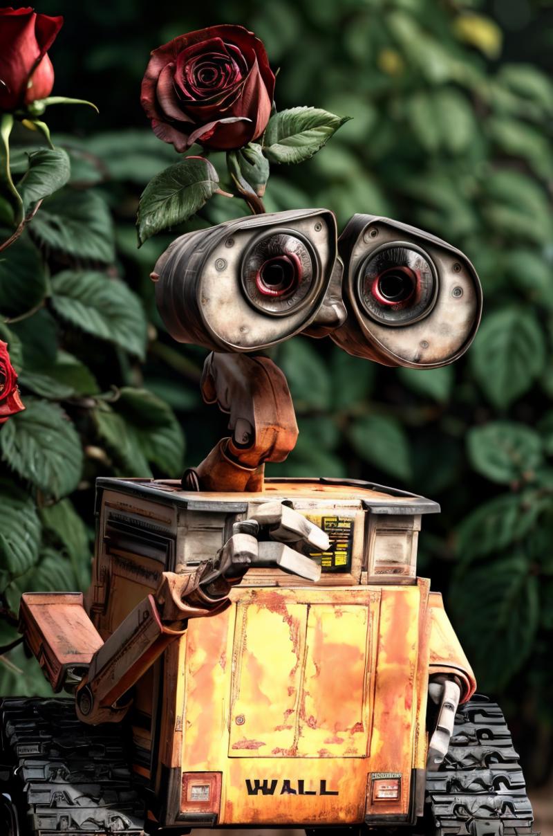 A Robot with a Face and Flowers in the Background
