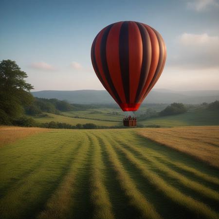 masterpiece, best quality, amazing quality, very aesthetic, absurdres, newest, (EyesHD:1.2), (4k, 8k, Ultra HD), ultra-detailed, sharp focus, depth of field, ray tracing, best lighting, detailed illustration, cinematic, BREAKmasterpiece, best quality, absurdres, ultra-detailed, detailed skin,
Hot air balloon floating in the sky above a grassy field.