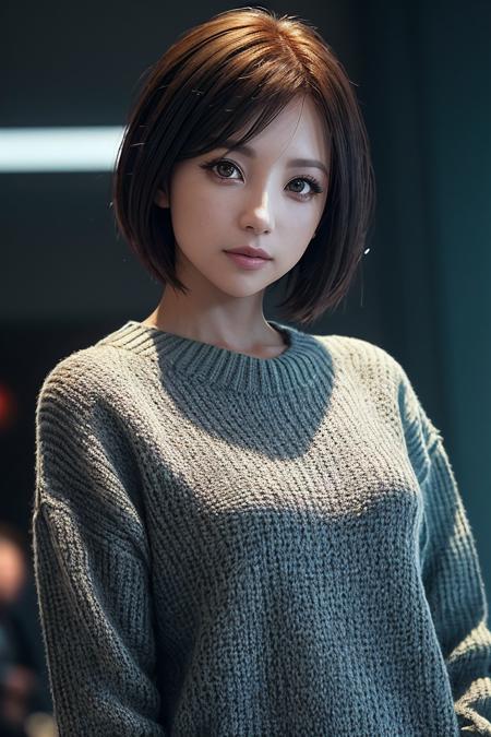 beautiful woman (EP4y4n4K4j1w4r4:.99): a woman at (otaku room[::1]:1.1), perfect topbun, wearing sexy multicolored (sweater), (people standing in background:1.1), (face focus), modelshoot style, (extremely detailed CG unity 8k wallpaper), professional majestic (photography by Arnold Franz Brasz:1.1), 24mm, exposure blend, hdr, extremely intricate, High (Detail:1.1), dramatic, soft cinematic light, (looking at viewer), (detailed pupils), 4k textures, soft cinematic light, elegant, ((((cinematic look)))), soothing tones, insane details, hyperdetailed, ("In Jernau we trust!":1.1)