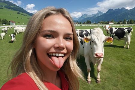 sunny day at the field full of green grass at switzerland, a smiling girl sasha luss showing tongue making selfie against a pride of cows at the background