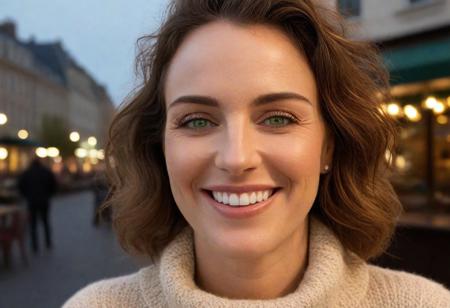 *A meticulously detailed, hyper-realistic portrait of Olivia, 35 years old, slender oval face,with softly contoured features, straight narrow nose with a gentle slopewith sun-kissed skin, bright green eyes, and a radiant smile. Her wavy, very short-length light brown hair is casually tousled,. Extremely natural skin texture, subtle wrinkles, subtle laugh lines. Her skin is natural, with subtle imperfections that enhance realism and a warm, genuine smile that reveals slightly perfect teeth.*     
The background is a cozy urban café with warm string lights and a blurred cityscape at dusk. Shot with a Hasselblad H6D-100c medium-format camera, using a tight crop and shallow depth of field (f/2.8) to emphasize the fine details of her beige woolen sweater and natural skin texture. The lighting is warm and diffused, casting a golden glow reminiscent of a Thomas Kinkade painting.*